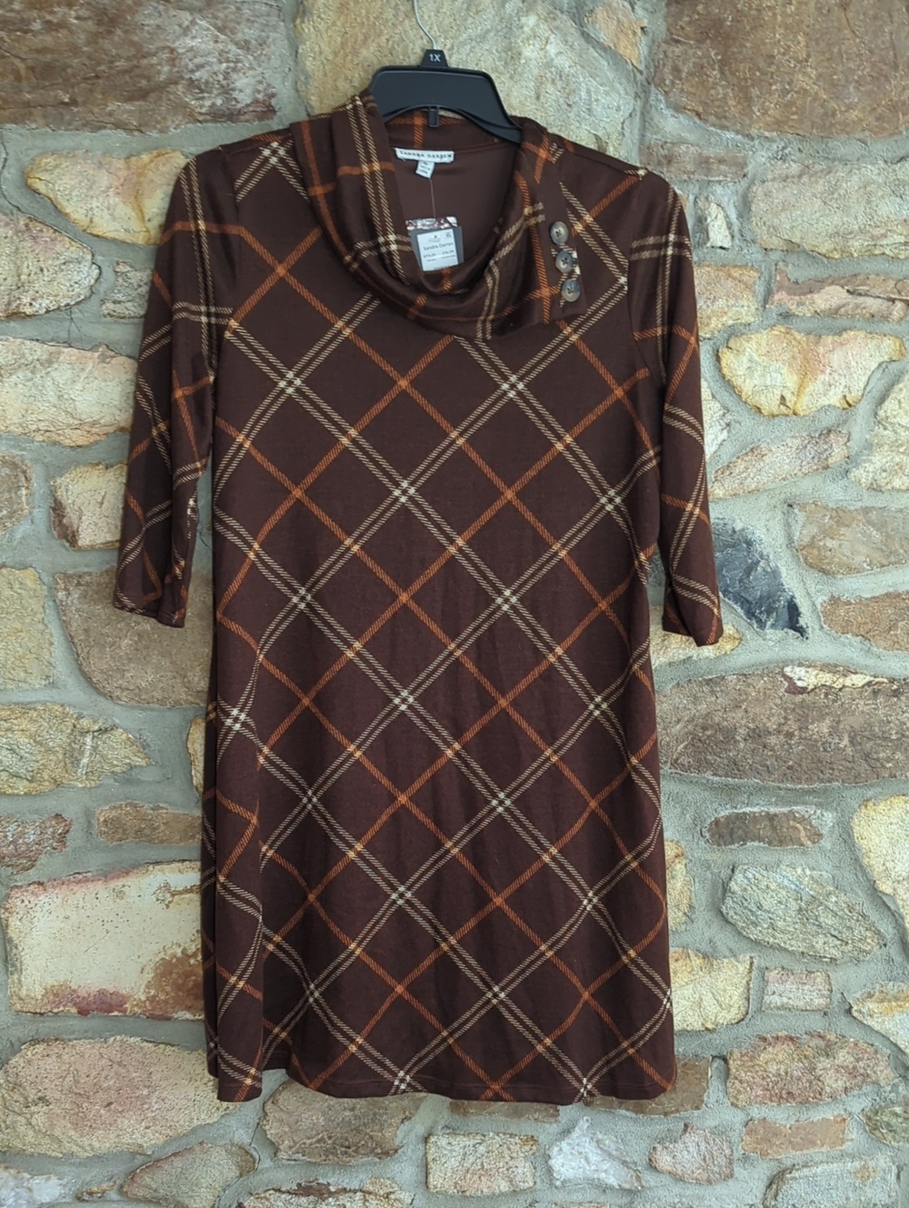 Sandra Darren Brown Plaid Cowl Neck Sweater Dress